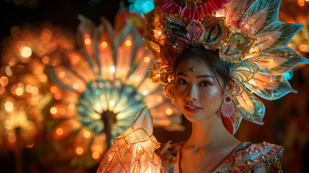 fashion collection of outrageous costume inspired by the colors, history of Thailand, intricate patterns, glowing festival installations and cultural symbolism of Loy Krathong Festivalの素材