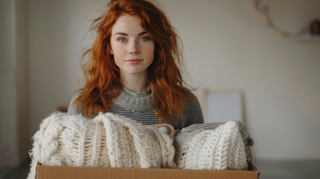 Moving. A redhaired woman carrying a moving box filled with soft cushions and personal items, standing in an empty room with white walls, symbolizing the start of her new home.の素材