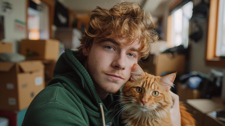 Moving. A young man with ginger hair and a green hoodie is posing for the camera, holding his orange cat in front of moving boxes inside an empty apartment.の素材