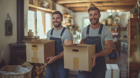 Moving. Two smiling men in overalls carrying moving boxes into their new home, ready to start furnishing and decorating in the style of their furniture move and decor service for other customers.の素材
