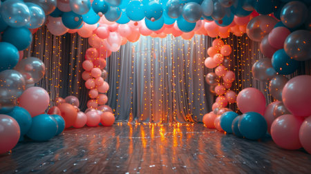 Happy birthday. The Enchanting Decor. A room transformed into a birthday wonderland, filled with colorful balloons, hanging decorations, and festive lights, creating a magical and joyful atmosphere.の素材
