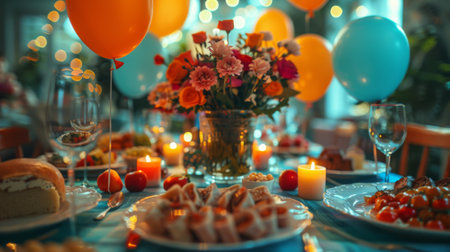 Happy birthday. Festive Feast. decorated table set for birthday party, adorned with balloons, streamers, and festive tablecloth, symbolizing anticipation and excitement of special celebration.の素材
