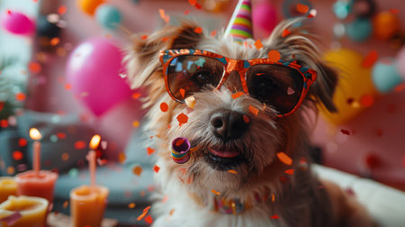Happy birthday. dog sitting on chair, wearing sunglasses and blowing party horn blower with confetti around , table full of candles, birthday cake in front, colorful confetti , pink backgroundの素材