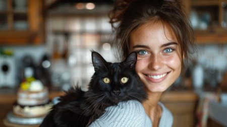 Happy birthday. A happy woman holding her black cat in the kitchen, with a birthday cake on the table in daylight.の素材