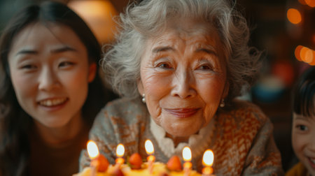 Happy birthday. A heartwarming scene of an Asian grandmother blowing out candles on her birthday cake, surrounded by family members and friends at home for her.の素材