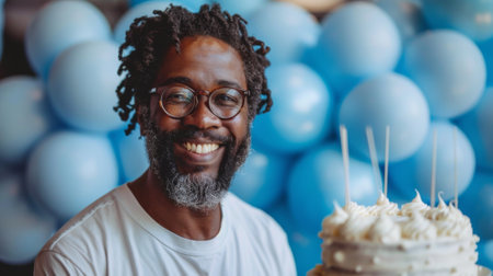 Happy birthday. A photo of an adult man celebrating his birthday, wearing blue balloons and holding cake. The background is a solid color. he smiling joyfully at the camera.の素材