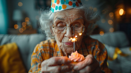 Happy birthday. An elderly woman wearing a party hat and blowing a noisemaker while holding a cupcake with pink frosting and a sparkler, surrounded by yellow ribbons in a living roomの素材