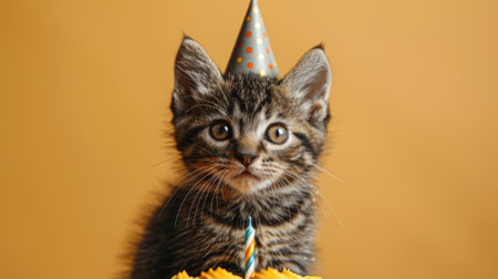 Happy birthday. cute kitten sitting on top of birthday cake wearing party hat isolated yellow backgroundの素材