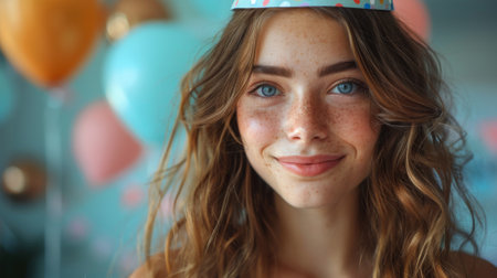 Happy birthday. Funny girl in birthday hat on blue background --の素材