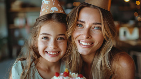 Happy birthday. Photo of a mother and daughter wearing birthday hats celebrating the woman's birthday at home, while one holds out cake with a present behind her back,の素材