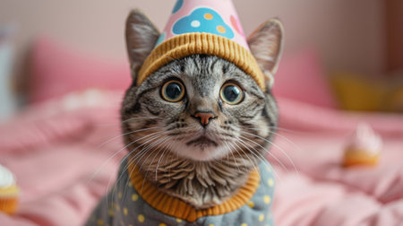 Happy birthday. photograph of Scottish Fold cat wearing birthday hat, cupcake and blue clouds on pink background, cute animal print style in the background, playful mood,の素材