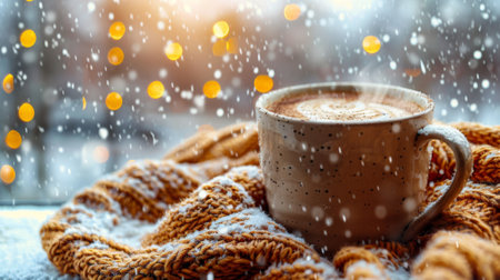 Winter season. Cup of coffee and knitted sweater on the window age with winter scene outsideの素材