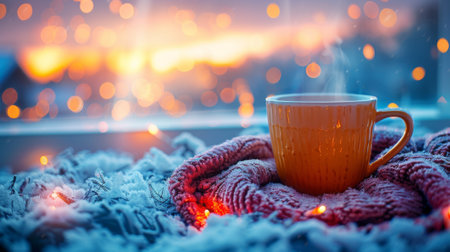 Winter season. Steaming cup of coffee on a cozy, snow-covered blanket, surrounded by soft fairy lights, evoking warmth in winterの素材