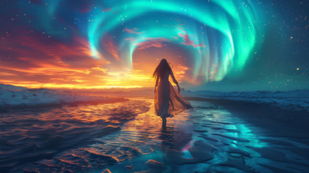 Winter season. A woman in a flowing ethereal gown, her movements mirroring the mesmerizing dance of the aurora borealis, amidst a breathtaking winter landscape. A sense of awesome and wonderの素材