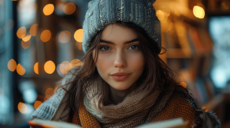 Winter season. Cozy image of a concentrated young woman reading a book with twinkling fairy lights in the backgroundの素材