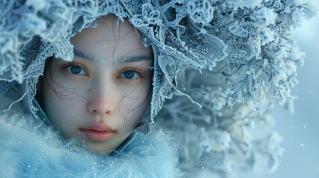 Winter season. Portrait of a woman with intricate headgear in a snowy scene conveying a fantasy feel. Misty landscapeの素材