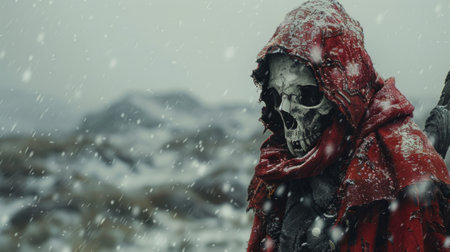Winter season. Shaman wearing in horn animal skull and red cloak on blurred winter landscape. Mystical ritual of death. Sacred objects for ancient pagan rites. Slavic or Scandinavian culture ritualの素材