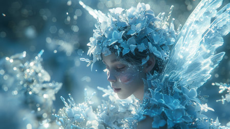 Winter season. The Legendary Winter Creatures .A scene of a winter fairy fluttering through a snow-covered forest, her touch transforming ordinary objects into sparkling ice sculpturesの素材