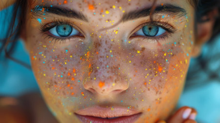 close-up portrait of a young woman with colorful Holi powder on her face, her eyes sparkling with joy. Painterly style, vibrant colorsの素材