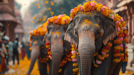 Happy Holi, Concept Indian color festival. Elephants decorated with flowers. Holi celebration in a lively cityの素材
