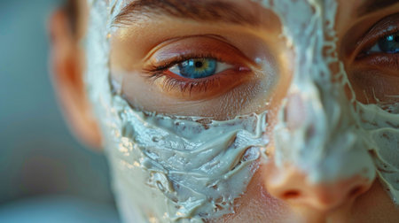 mental health. A close-up shot of a person applying a nourishing face mask, their touch gentle and caring as they pamper themselves.の素材