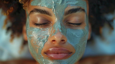 mental health. A close-up shot of a person applying a nourishing face mask, their touch gentle and caring as they pamper themselves.の素材