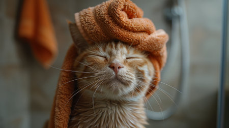 Morning routines. Cute cat with towel on head standing in front of mirror in bathroom. Fluffy home pet self-care morning routineの素材