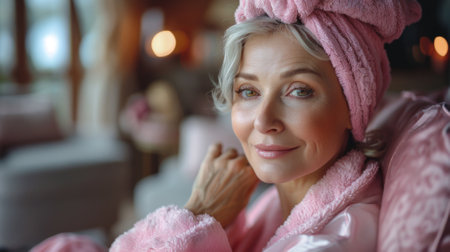 Morning routines. Beauty. Woman In Silk Pajama Applying Essential Oil On Face. Lady In Elegant Home Clothing Using Skincare Product. mental health concept of self careの素材