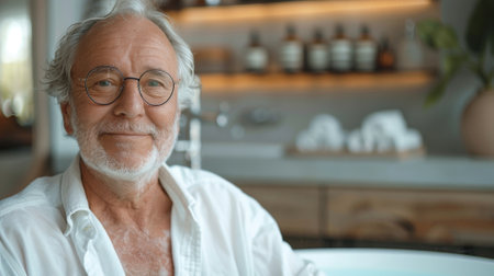 Morning routines. A senior man doing morning routine in bathroom indoors at home. Copy space. mental health concept of self careの素材