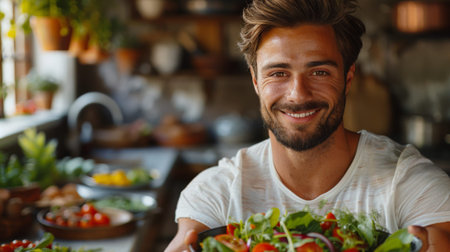 Healthy Lifestyle. The Nourishing Choices. A man eating salad, nutritious food choices and mindful eating habits concept.の素材