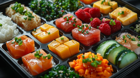 Healthy Lifestyle. Rainbow Method balanced eating. A bento box filled with a variety of colorful and nutritious snacks, arranged in a playful and compact mannerの素材