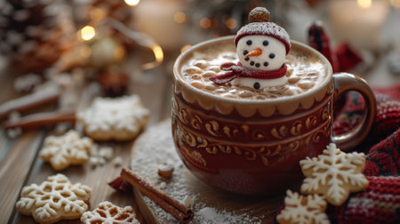 Winter season. Hot chocolate served in a red mug with a marshmallow snowman.の素材