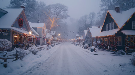 Winter season. A picturesque small town covered in snow, with charming storefronts adorned in holiday lightsの素材