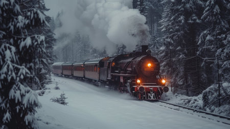 Winter season. Historic steam locomotive. Old vintage black train ride in the snowy forest in north pole. Fairy tale winter landscape. Retro aesthetic. A whimsical winter wonderlandの素材