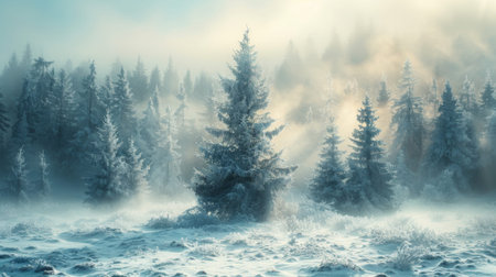 Winter season. magical creatures like snow fairies and ice dragons in a fairy tale ice forest. Misty landscapeの素材