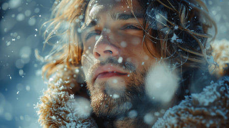 Winter season. A portrait of young man with long hair on flowing ice background, fantasy or magic concept. A whimsical winter wonderlandの素材