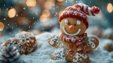 Winter season. The Legendary Winter Creatures. A cheerful gingerbread man with a candy cane hat and a sprinkle of cinnamon sugar, exuding the sweet and festive spirit of the holidaysの素材