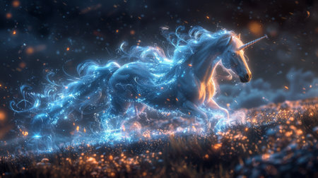 Winter season. The Legendary Winter Creatures. A majestic unicorn galloping through a moonlit meadow, its spiraling horn glowing with an ethereal light.の素材