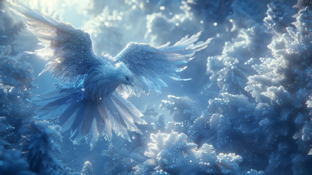 Winter season. The Legendary Winter Creatures .A scene of a winter fairy fluttering through a snow-covered forest, her touch transforming ordinary objects into sparkling ice sculpturesの素材