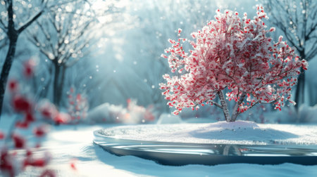 Winter season. crystal clear podium for product display and presentation. pedestal to showcase your product. winter landscape background --ar 16:9 --style raw --stylize 700 Job ID: 619aa7ca-4261-413a-a4ba-30281cf795f1の素材