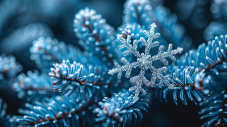 Winter season. The personifying winter phenomena. A close-up shot of a snowflake, its intricate patterns and delicate structure reflecting the artistry of nature's winter masterpiece.の素材