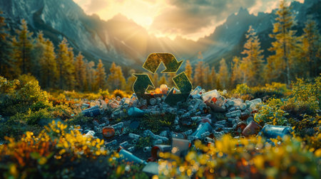 concept of ecological recycling. Recycle sign., central focus on colorful recyclables (glass, paper, plastic). In the background, depict a breathtaking landscapeの素材