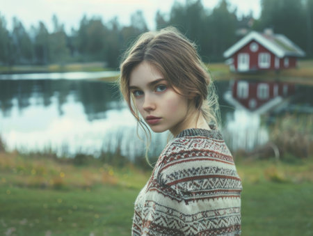 Realistic photo of a Scandinavian girl in a sweater against the backdrop of Scandinavian nature and a lake.の素材