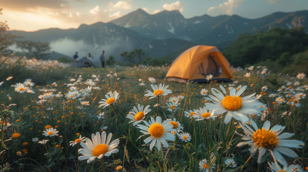 focus on flowers, tourist tent in mountains valley. soft backlight, light fog. concept of travel and adventure.の素材