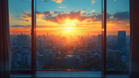 view from the window of Japan. Soft backlight. cozy and warm apartment view from window of downtown city and lamp inside of typical small apartment building roomの素材