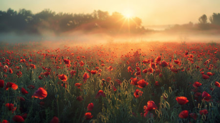 field of poppies at sunrise, beautiful summer landscape with red flowers in the meadow, vibrant background with morning sun rays and misty airの素材