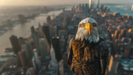 aerial photo. in the foreground is a bald eagle, viewed from above on its back. Below it, in the bokeh, is Manhattan. Realistic photo.の素材