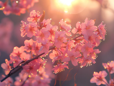Sunset, peach blossoms blooming on the branches, with sunlight shining through them and creating beautiful light spots in front of it.の素材
