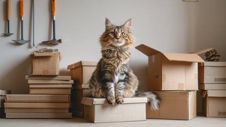 Moving. A cat sitting on top of moving boxes in empty room, ready to start move with its owner. scene is set against white background and features pet surrounded by various cardboard boxes.の素材