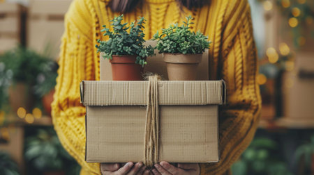 Moving. A person holding moving boxes and plants on a white background, in yellow sweaterの素材
